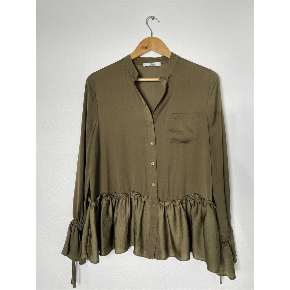 Find Women Poly Long Ruffle Tie Accent Sleeve Button Blouse Size M Green